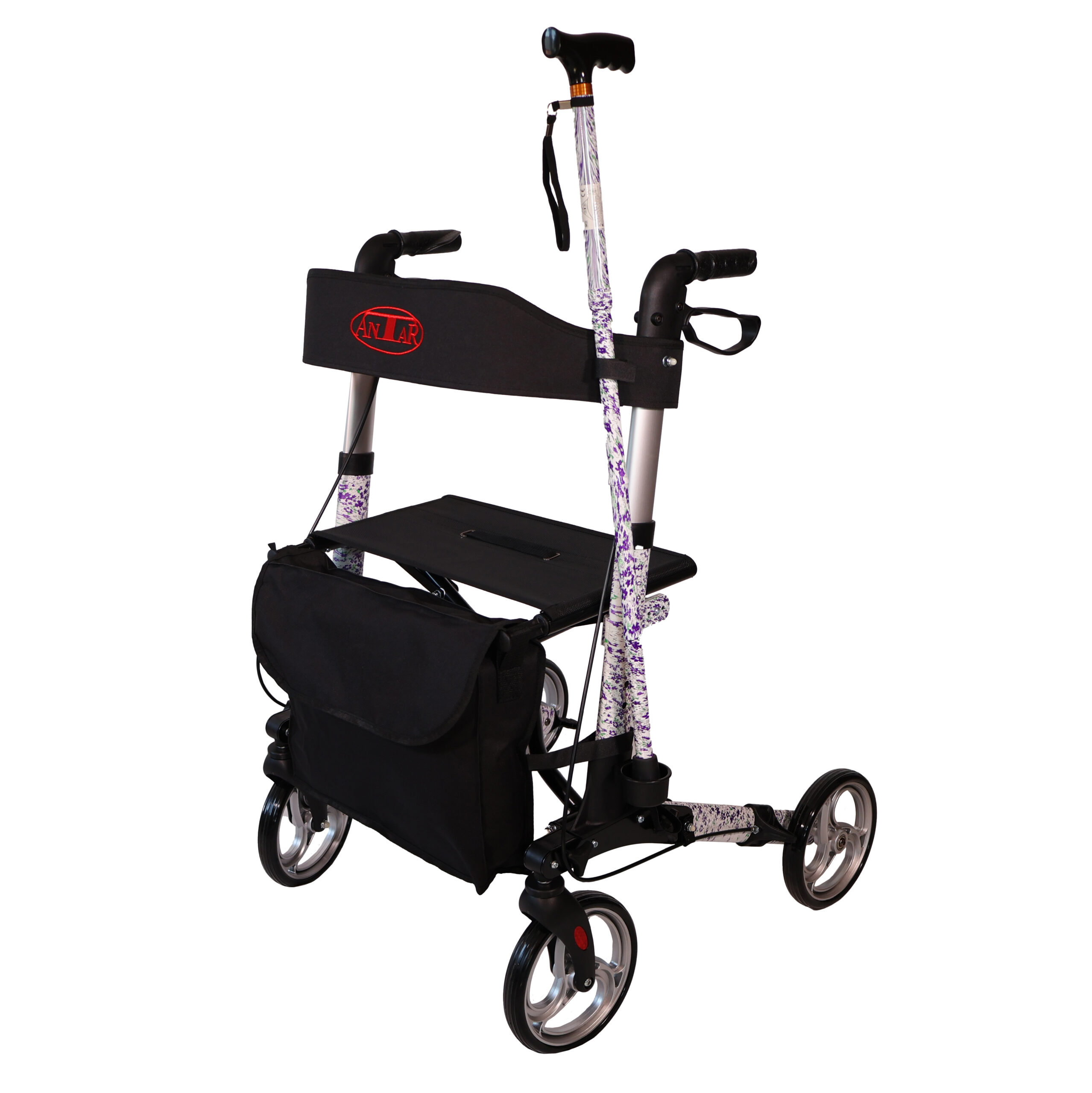 antar-at51006c-aluminium-rollator-vierrad-mit-sitz-tasche-und-stock image 1